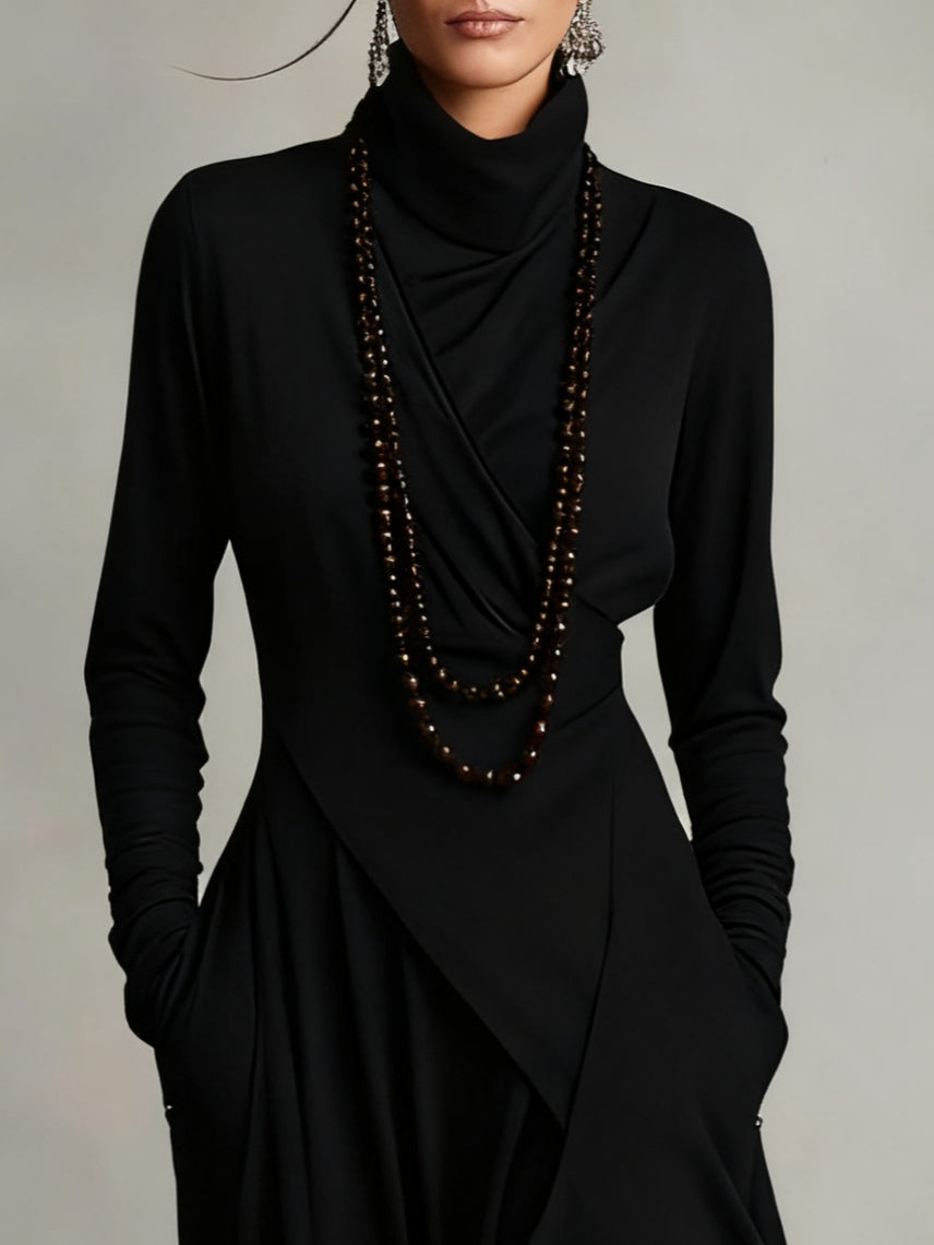 Purple High-neck Asymmetrical Pleated Maxi Dress (Necklace not included)