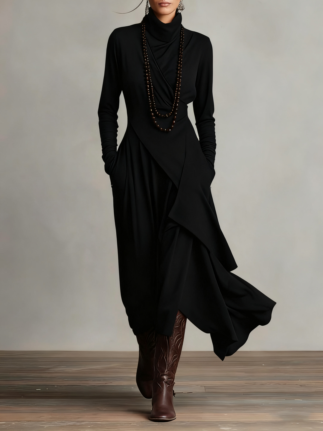 Purple High-neck Asymmetrical Pleated Maxi Dress (Necklace not included)