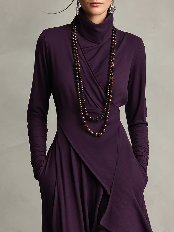 Aurelia | Asymmetrical Pleated Maxi Dress with High Collar