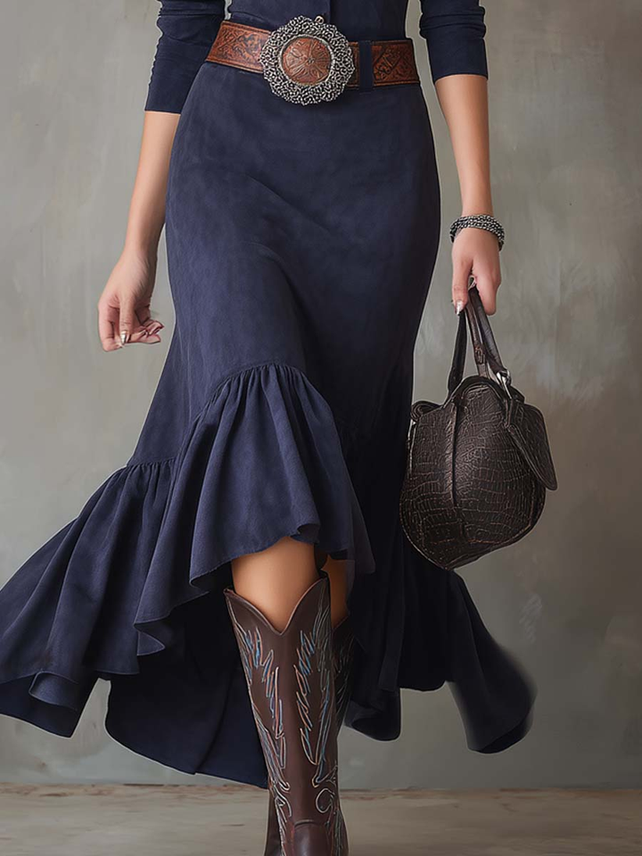 Navy Blue Stand-up Collar Button High-low Hem Maxi Dress (with belt)