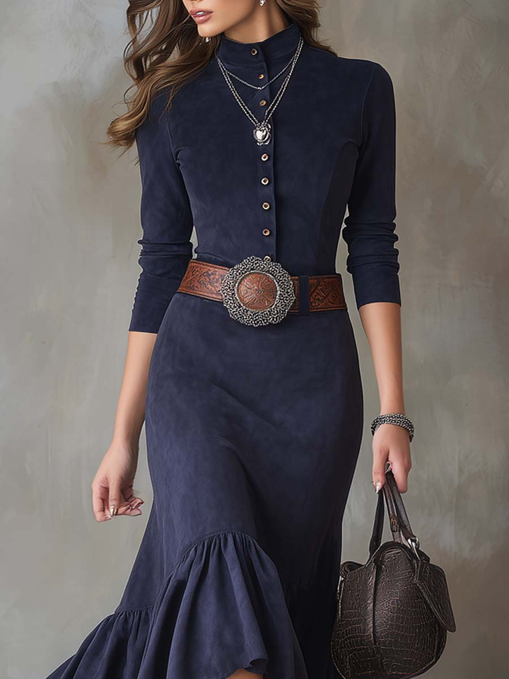 Navy Blue Stand-up Collar Button High-low Hem Maxi Dress (with belt)