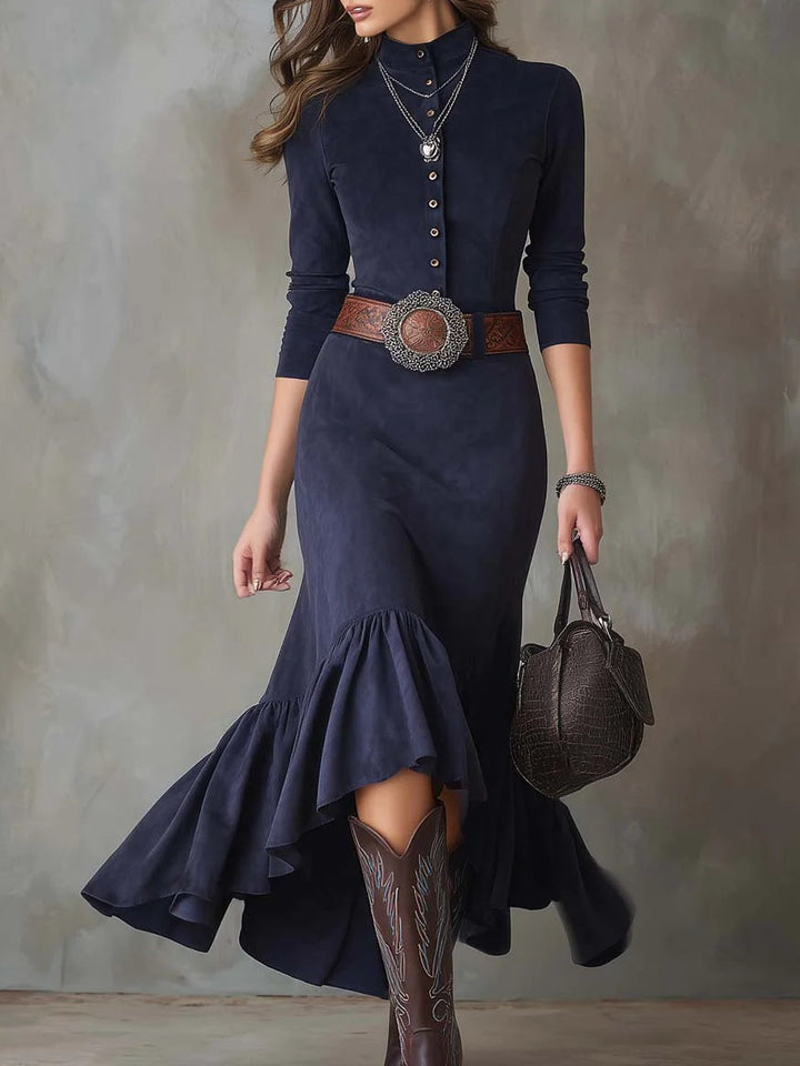 Navy Blue Stand-up Collar Button High-low Hem Maxi Dress (with belt)