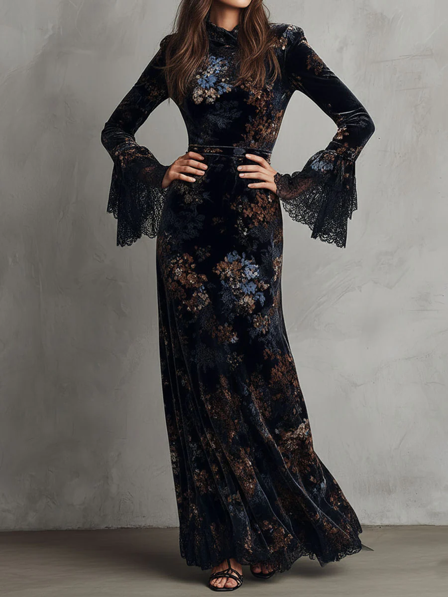 Black and Blue Floral Velvet Lace Trim Bell Sleeves Flowing Maxi Dress