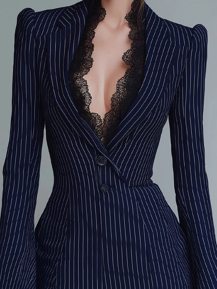 Navy Blue Striped Black Lace-trimmed Suit Mini Dress