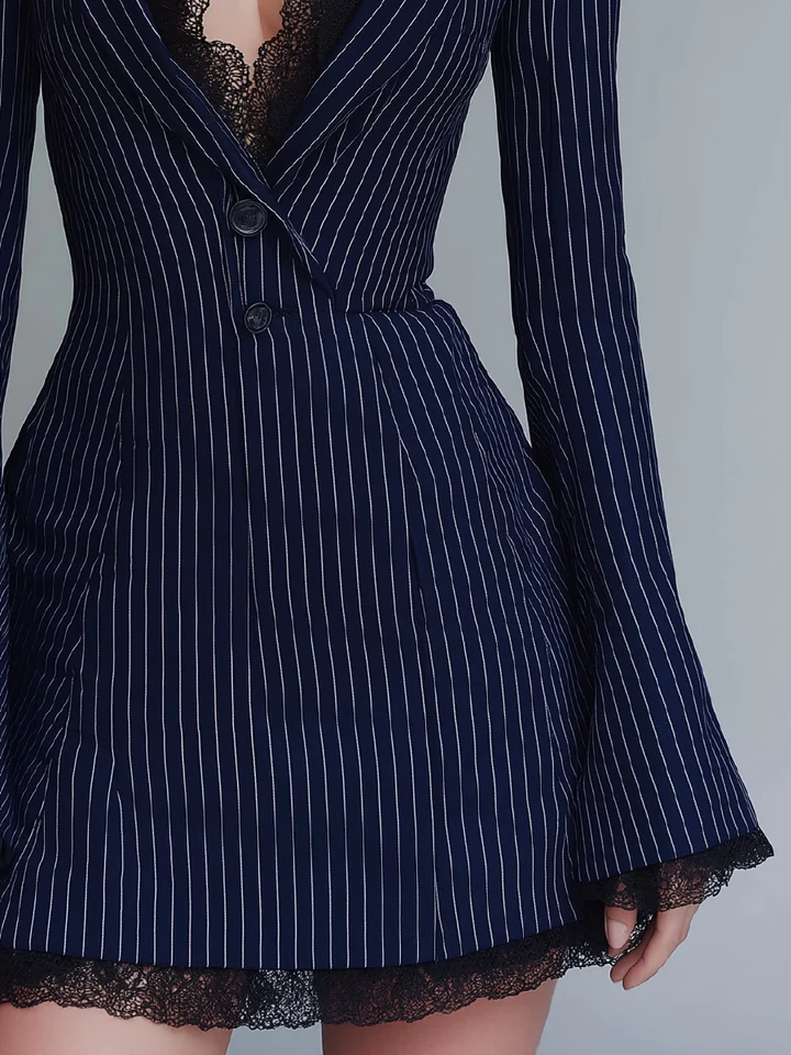 Navy Blue Striped Black Lace-trimmed Suit Mini Dress