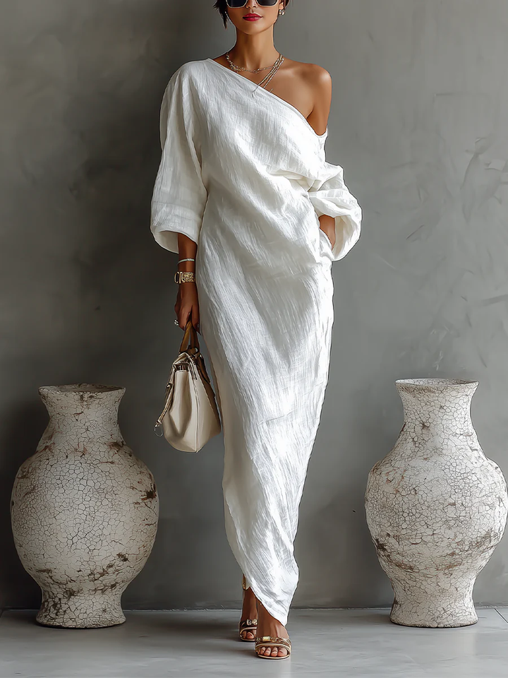 White One-shoulder Flowing Elegant Maxi Dress