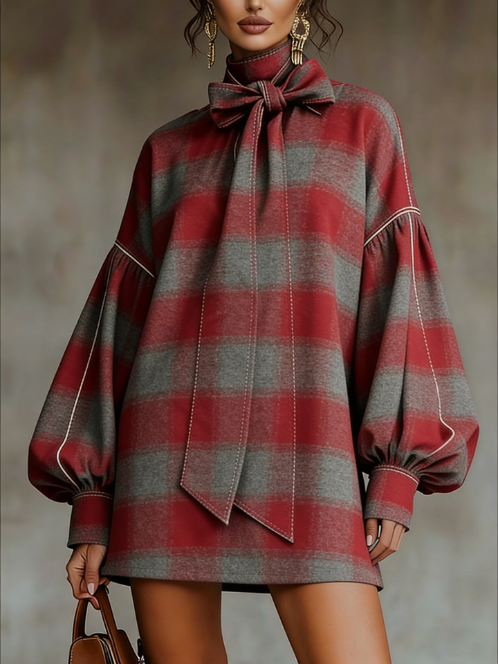 Red and Gray Plaid Bow Lantern Sleeve Mini Dress