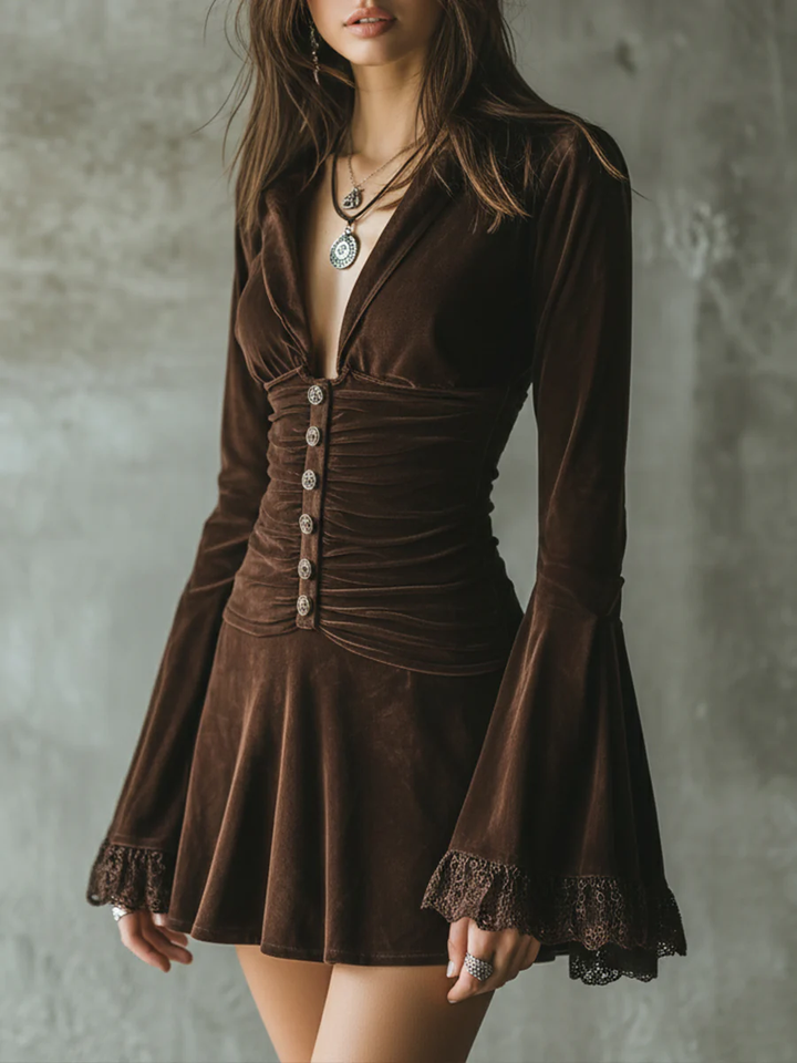 Dark Brown Velvet Button-down Lace Bell Sleeve Pleated Mini Dress