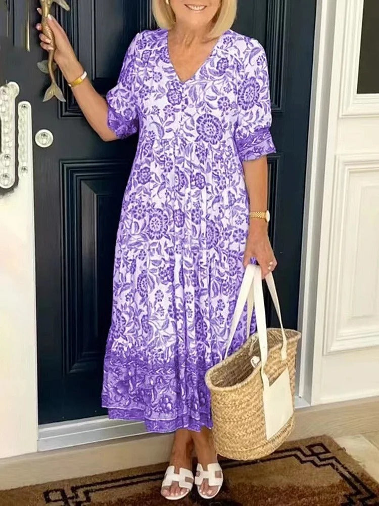 FIORA-LYN – BOHO DEEP V NECK FLORAL DRESS