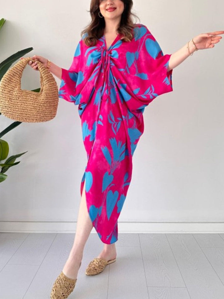 ARAVESSA – PRINTED BAT SLEEVE V-NECK DRESS