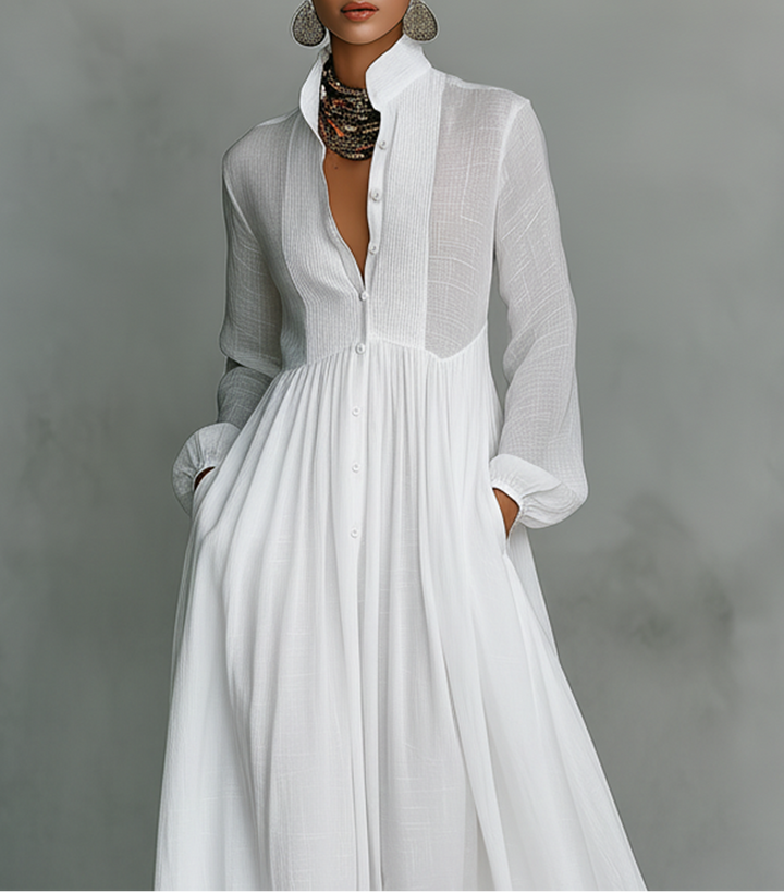 Elisa | Maxi Minimalist in Cotton and Linen with Patchwork High Collar and Long Sleeves