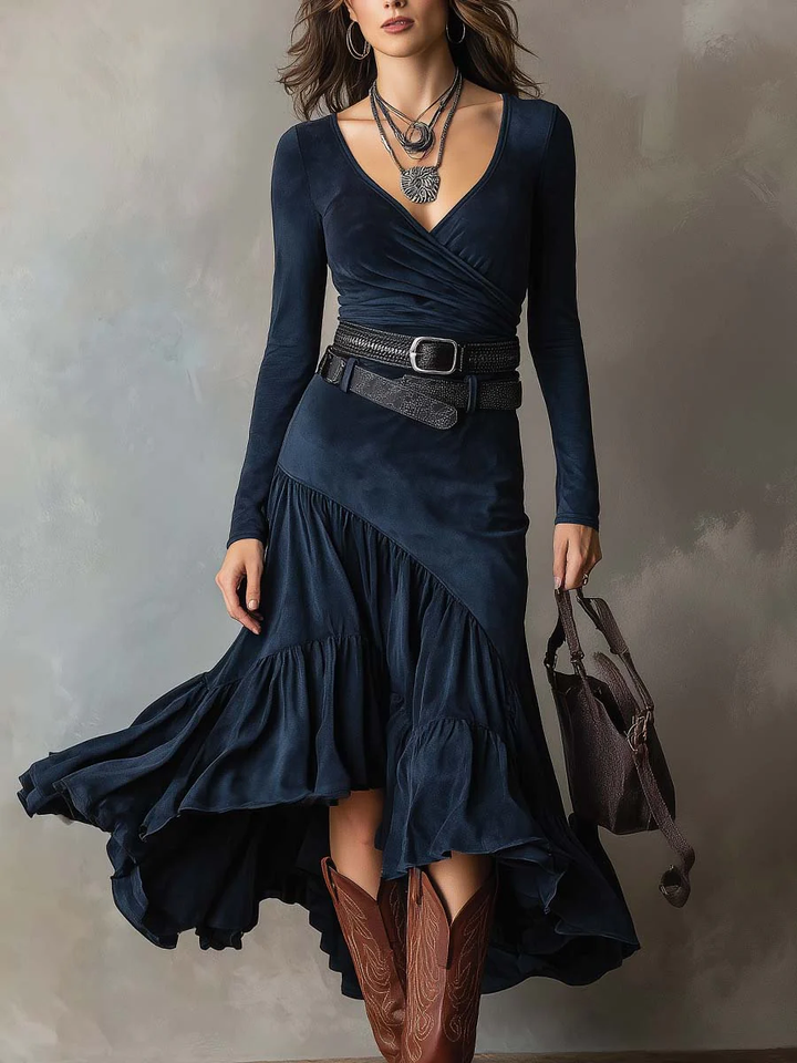 Navy Blue Crossover V-neck Faux Suede Irregular Maxi Dress (with belt)
