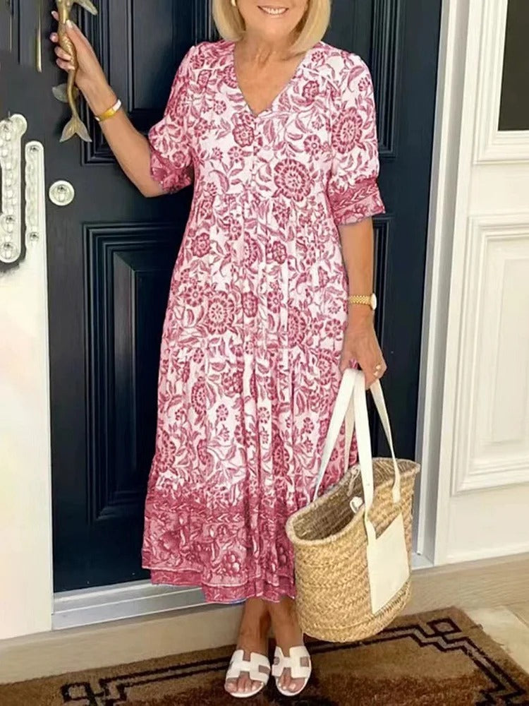 FIORA-LYN – BOHO DEEP V NECK FLORAL DRESS