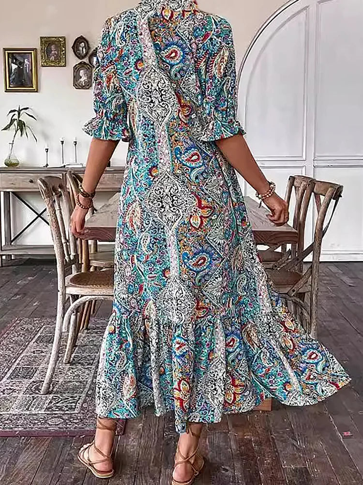LUNESTRA – BOHO DRAWSTRING NECK MAXI DRESS