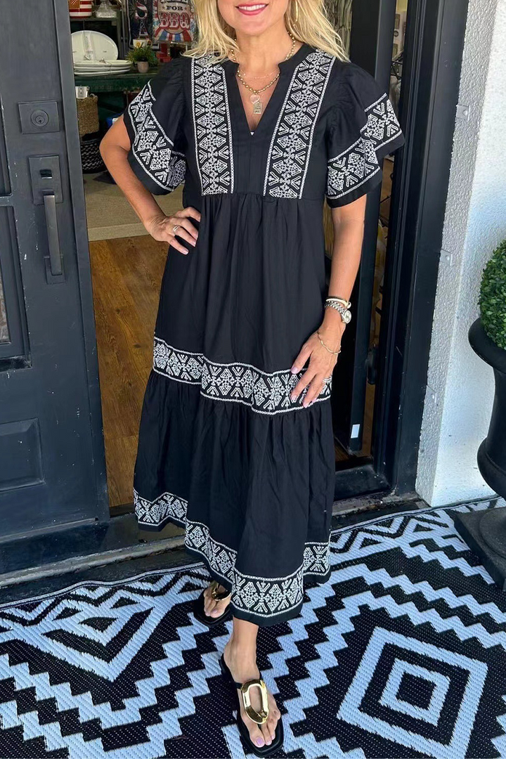 SORAYA – GEOMETRIC PRINT PATCHWORK V-NECK A-LINE DRESS
