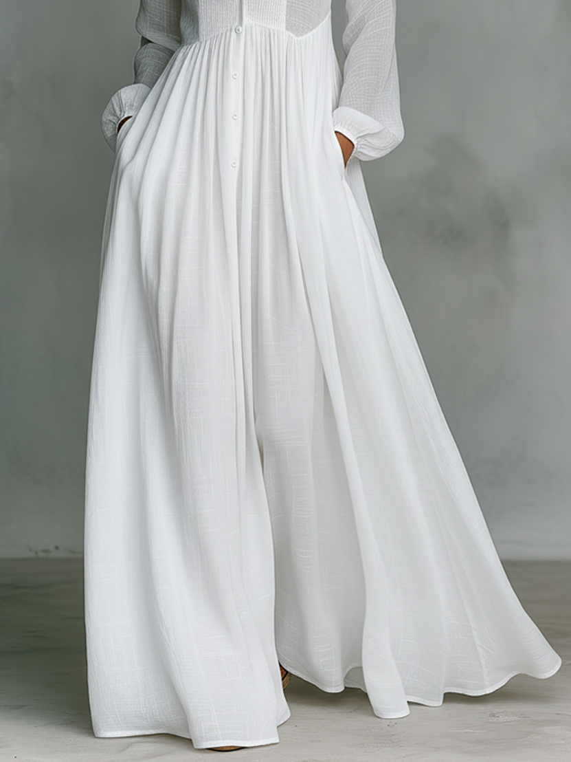 Elisa | Maxi Minimalist in Cotton and Linen with Patchwork High Collar and Long Sleeves