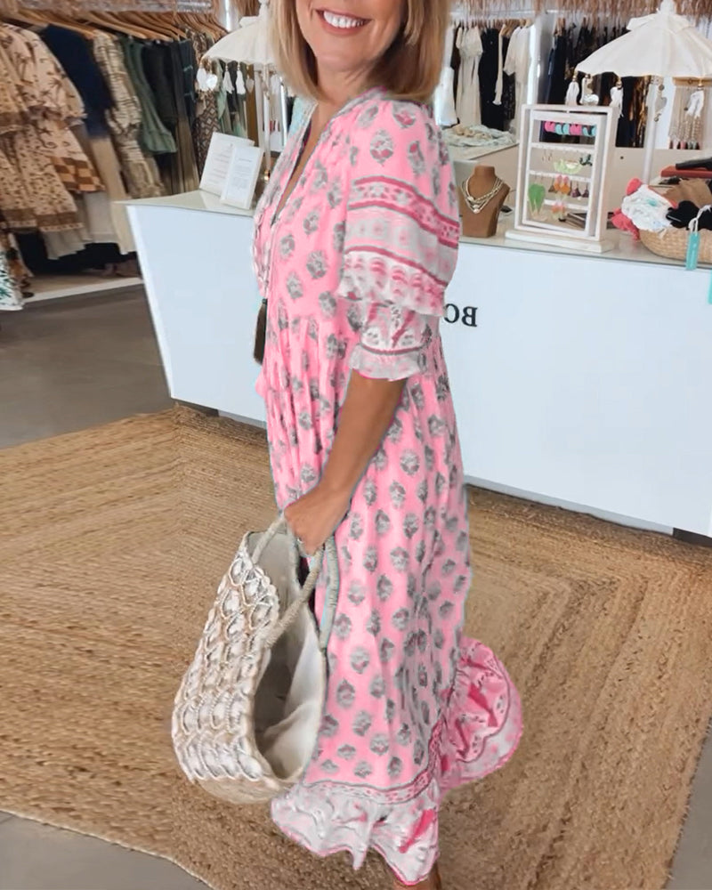 THALINA – RELAXED LANTERN SLEEVE BOHO MAXI DRESS